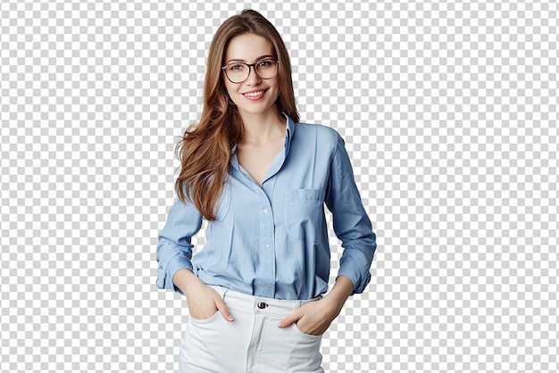 PSD portrait of woman with hands in pockets on white isolated background