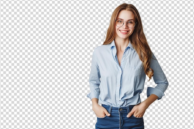 portrait of woman with hands in pockets on white isolated background