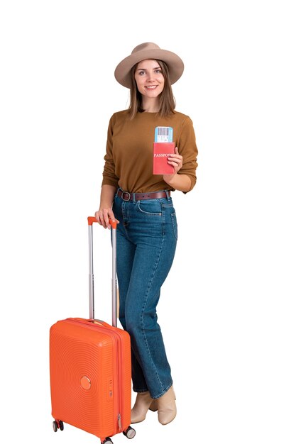 PSD portrait of woman with luggage and plane tickets