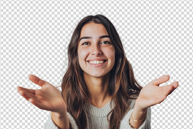 Ritratto di donna con le mani aperte su uno sfondo bianco isolato