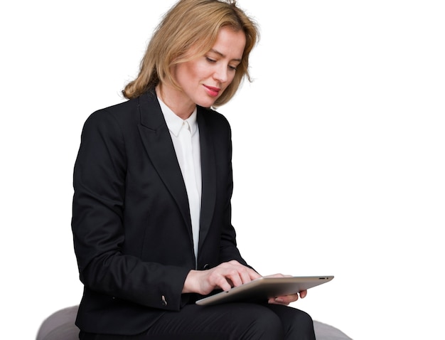 PSD portrait of woman with tablet device