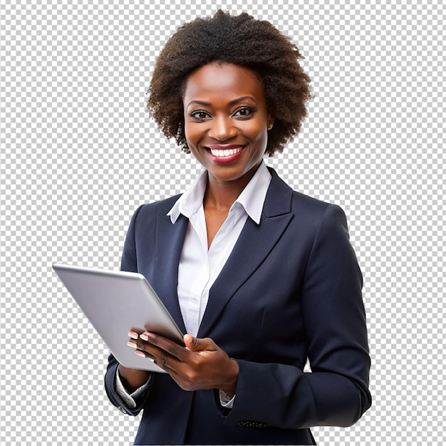 PSD portrait of a women holding a i pad on transparent background