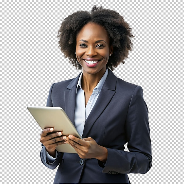 PSD portrait of a women holding a i pad on transparent background