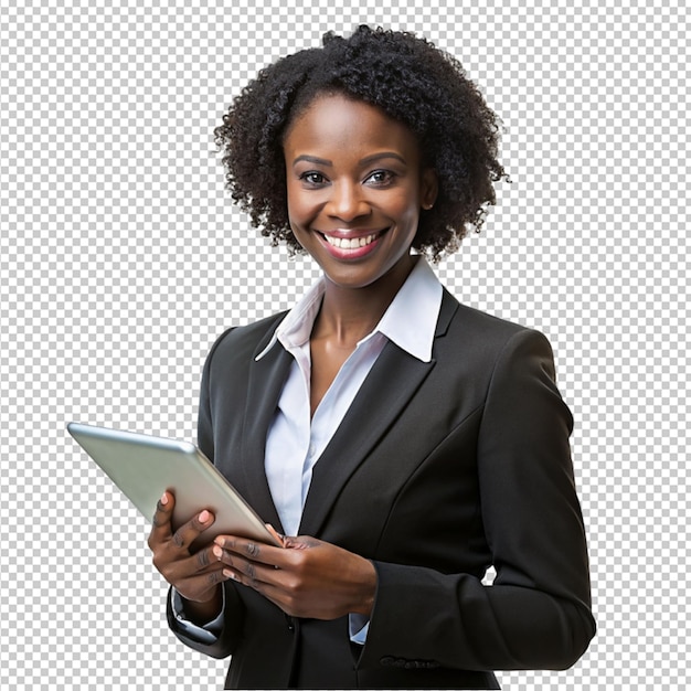 PSD portrait of a women holding a i pad on transparent background