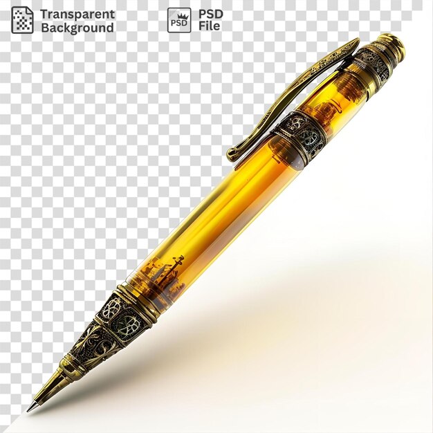 PSD portrait of a yellow and gold pen with a black and gold design on a isolated background