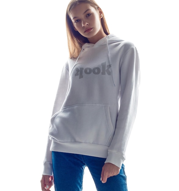 PSD portrait of young adult wearing white hoodie mockup