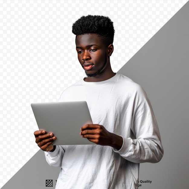 PSD portrait of young african american guy standing isolated on grey wall holding laptop typing messages chatting with friend on social media online watching video enjoying new application websurfi