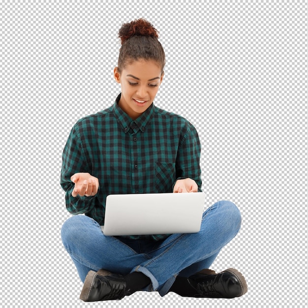 portrait of young african woman with laptop on white