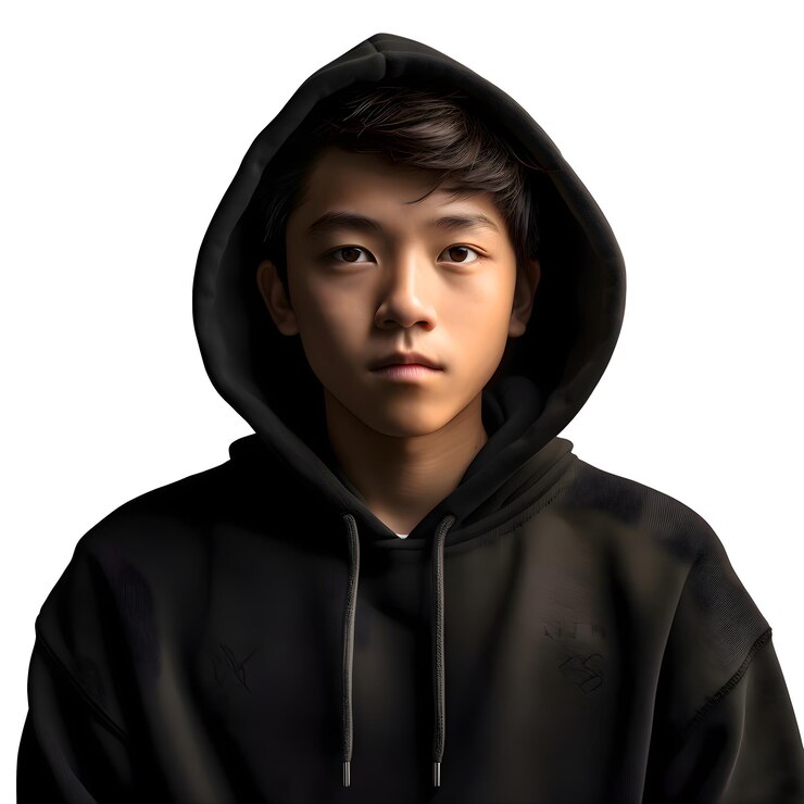 PSD 색 바탕에 검은색 후디를 입은 젊은 아시아 남자의 초상화
