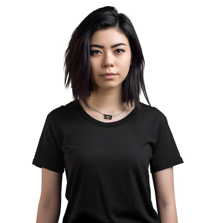 PSD ⁇  배경 에 고립 된 검은 티셔츠 를 입은 젊은 아시아 여자 의 초상화