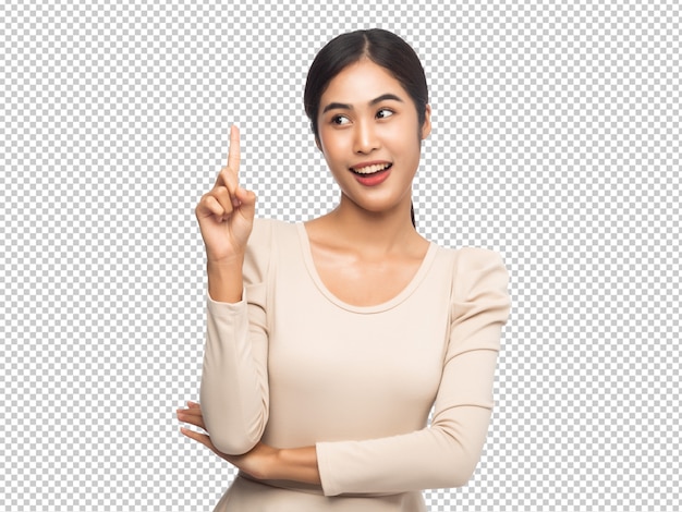 PSD portrait of young asian woman pointing up