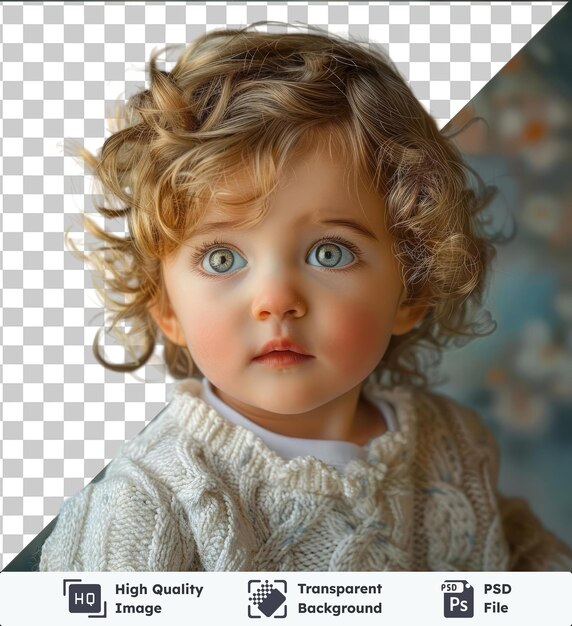 PSD portrait of young baby with serious expression featuring blue eyes a small nose and blond hair wearing a white sweater