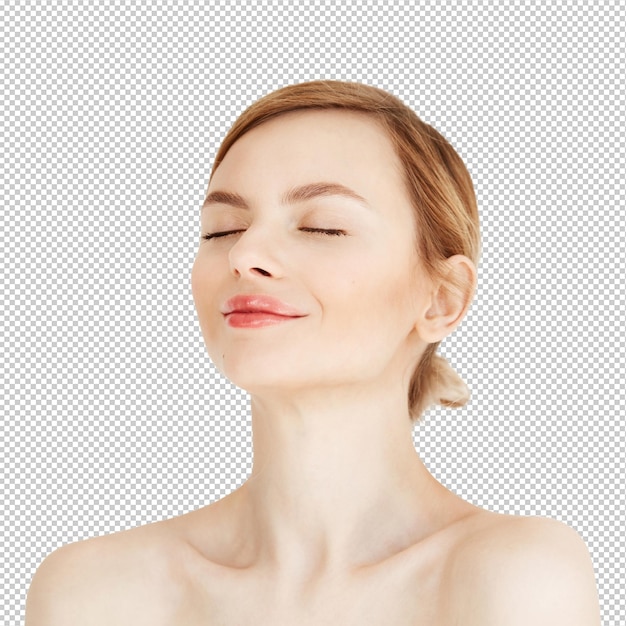 portrait of young beautiful girl with clean fresh skin isolated on white background closed eyes beauty and health lifestyle