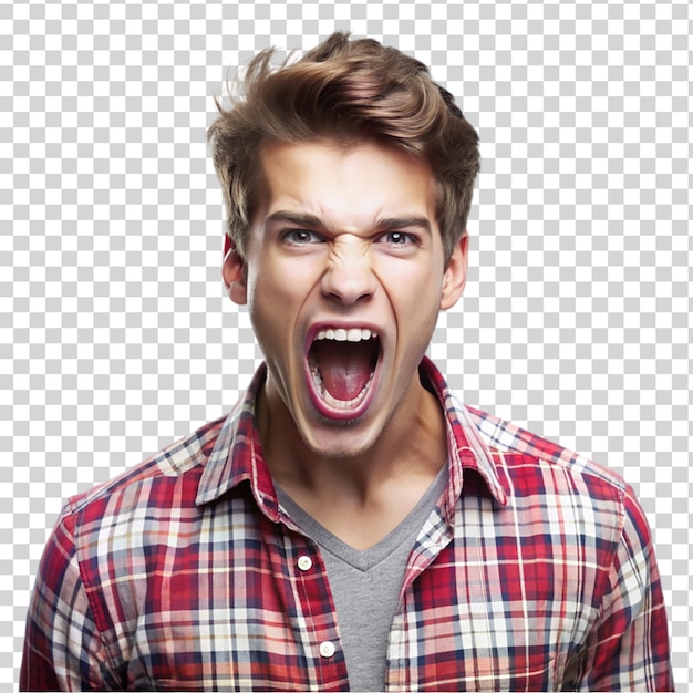 PSD portrait of young casual man shouting at studio isolated on transparent background