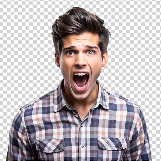 PSD portrait of young casual man shouting at studio isolated on transparent background