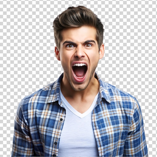 PSD portrait of young casual man shouting at studio isolated on transparent background