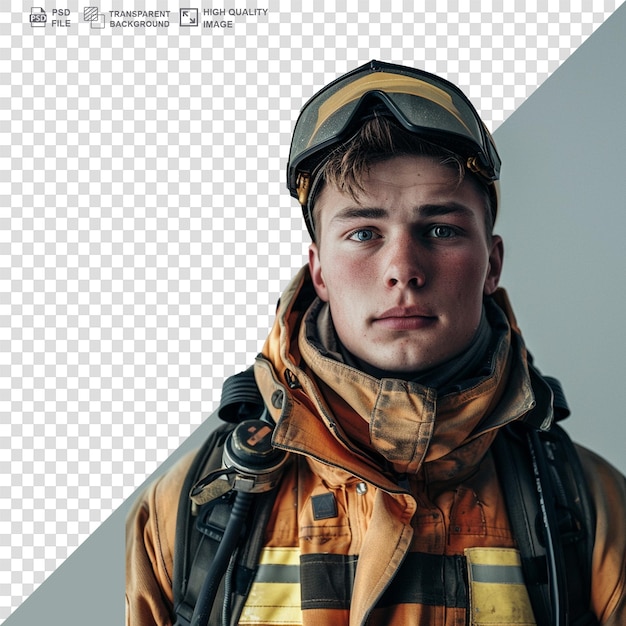 PSD ritratto di un giovane vigile del fuoco isolato su uno sfondo trasparente