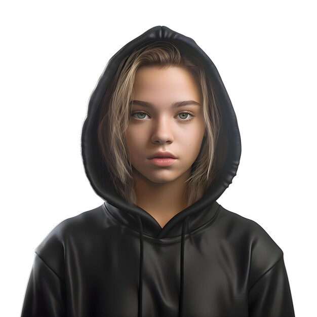 PSD portrait of a young girl in a black hoodie isolated on white background