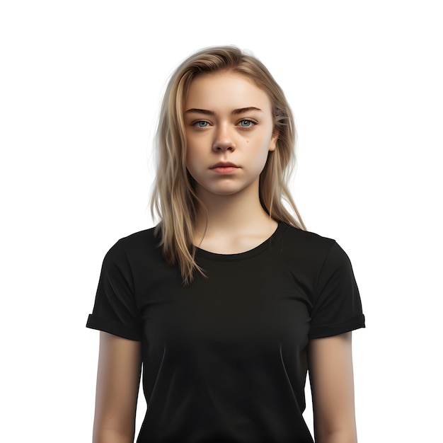 PSD portrait of a young girl in a black t shirt on a white background