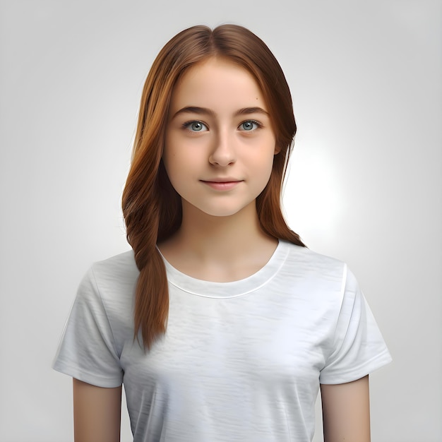 PSD portrait of a young girl in a white t shirt on a gray background