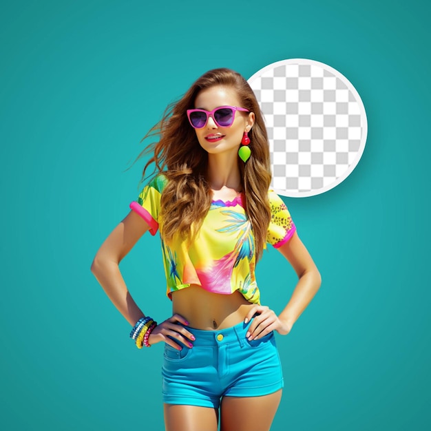 Portrait of young happy blond woman model with bright makeup and colorful lips in summer clothes isolate