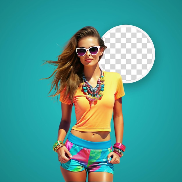 Portrait of young happy blond woman model with bright makeup and colorful lips in summer clothes isolate