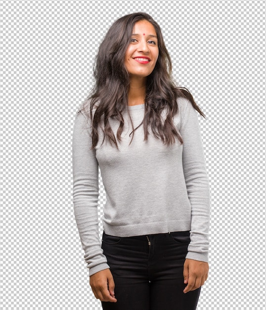 PSD portrait of young indian woman cheerful and with a big smile, confident, friendly and sincere, expressing positivity and success