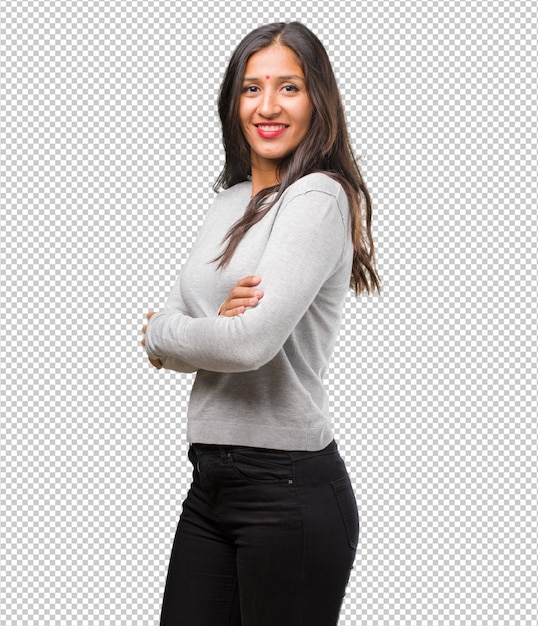 PSD portrait of young indian woman crossing his arms, smiling and happy, being confident and friendly