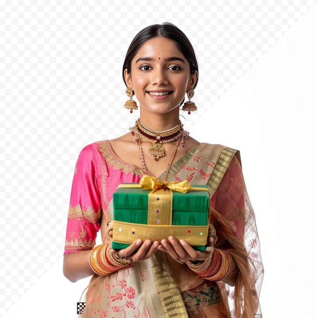 PSD portrait of young indian woman or girl in a traditional dress carrying gift box during festival isolated over white isolated background