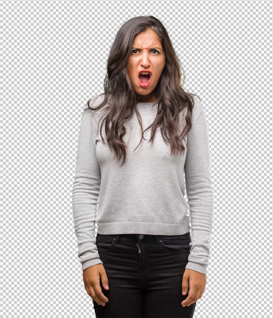 PSD portrait of young indian woman very angry and upset, very tense, screaming furious, negative and crazy