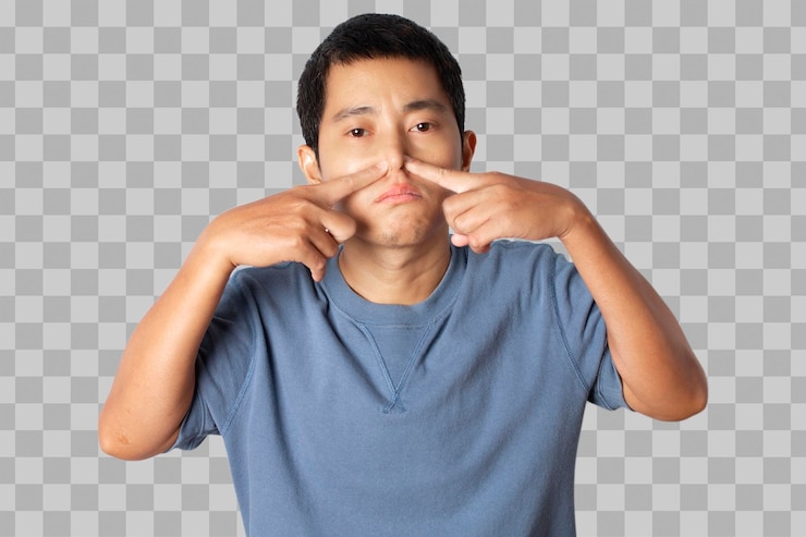 PSD portrait of young man pinching nose on his face due to bad smell