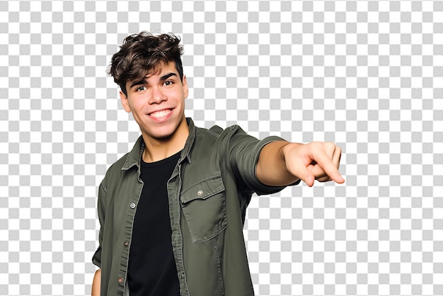 Portrait of young man pointing on isolated background