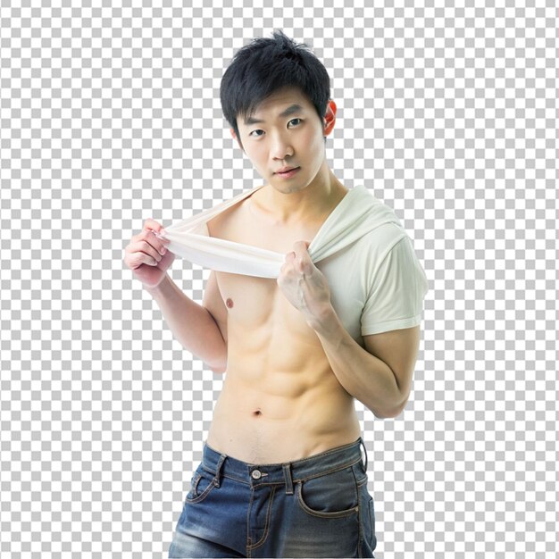 PSD 초상화 젊은 남자가 셔츠를 벗고 체육관에서 운동을 하기 위해 랙에서 <unk>벨을 들고 있다