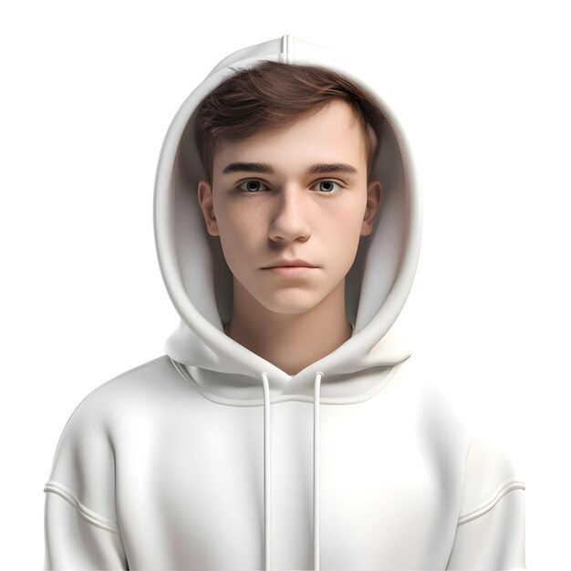 Portrait of a young man in a white hoodie on a white background