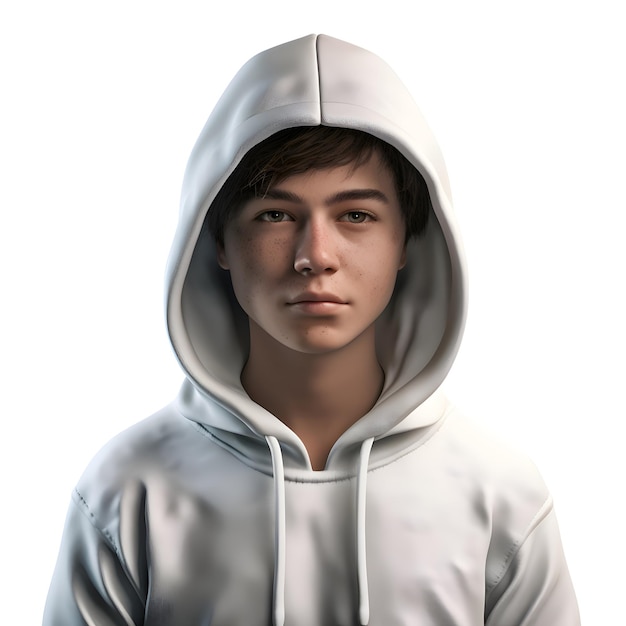 PSD portrait of a young man in a white hoodie on a white background