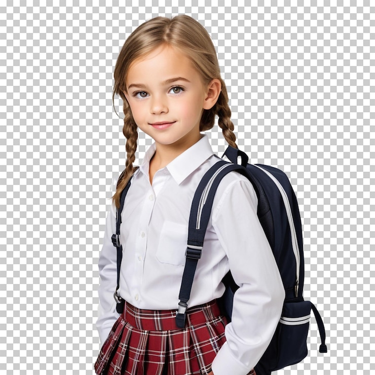 PSD portrait of young school girl in uniform with transparent background