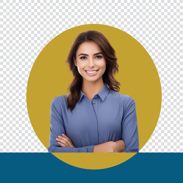 Portrait of young smiling woman looking at camera with crossed arms