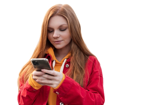 PSD portrait of young teenage girl with smartphone