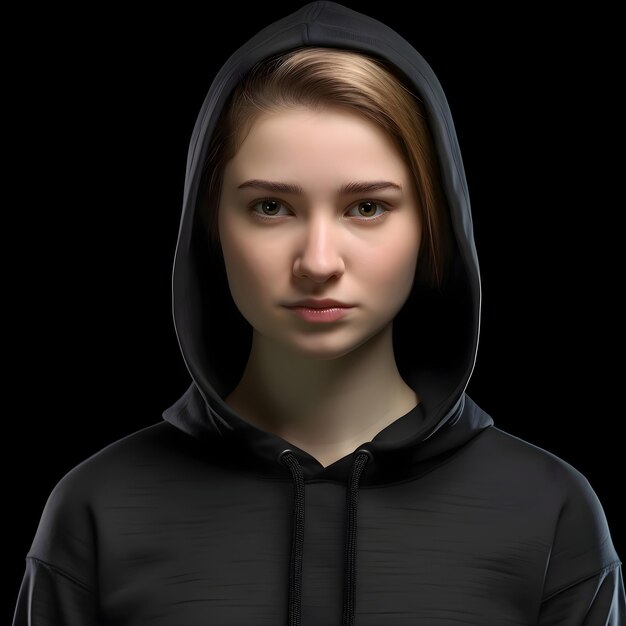 PSD portrait of a young woman in a black hoodie isolated on black background