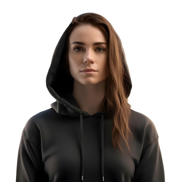 Portrait of a young woman in a black hoodie isolated on white background