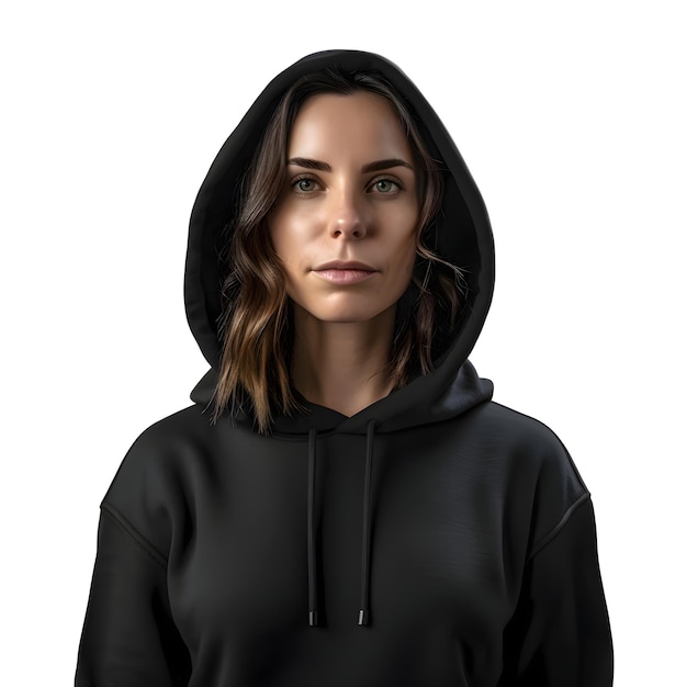 Portrait of a young woman in black hoodie isolated on white background