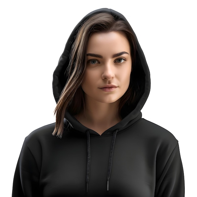 PSD portrait of a young woman in a black hoodie isolated on white background