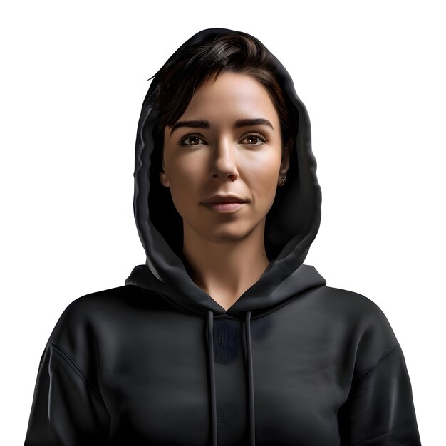 PSD portrait of a young woman in a black hoodie on a white background