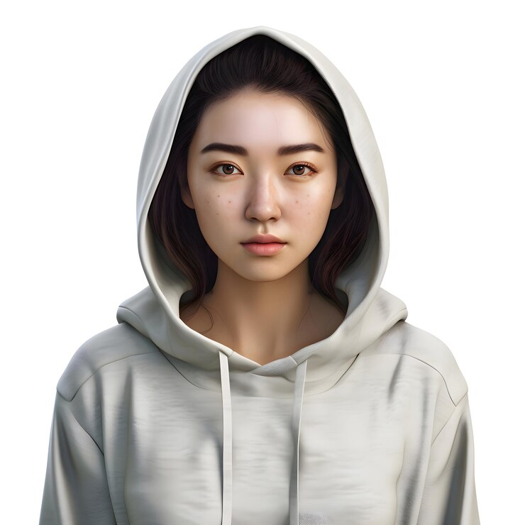 PSD  ⁇ 색 배경 에 고립 된  ⁇ 색 후디 를 입은 젊은 여성 의 초상화