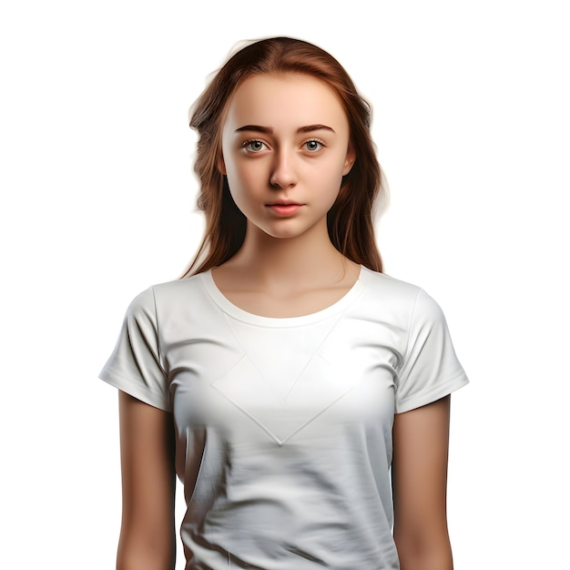 PSD ritratto di una giovane donna in maglietta bianca su sfondo bianco