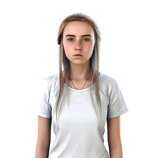 PSD portrait of a young woman in a white t shirt on a white background