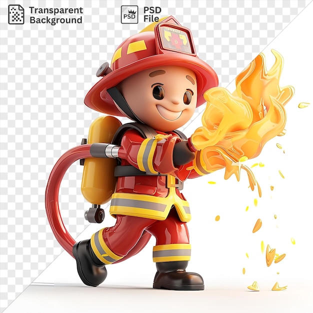 PSD portret 3d strażak z kreskówki gaszący ogień za pomocą węża przeciwpożarowego w żółtym hełmie i pomarańczowych spodniach z czarnym pistoletem i czarnym pasem