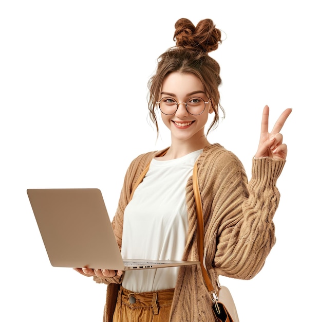 PSD portret atrakcyjnej, wesołej, wykwalifikowanej dziewczyny używającej laptopa, pokazujący mrugnięcie oczu