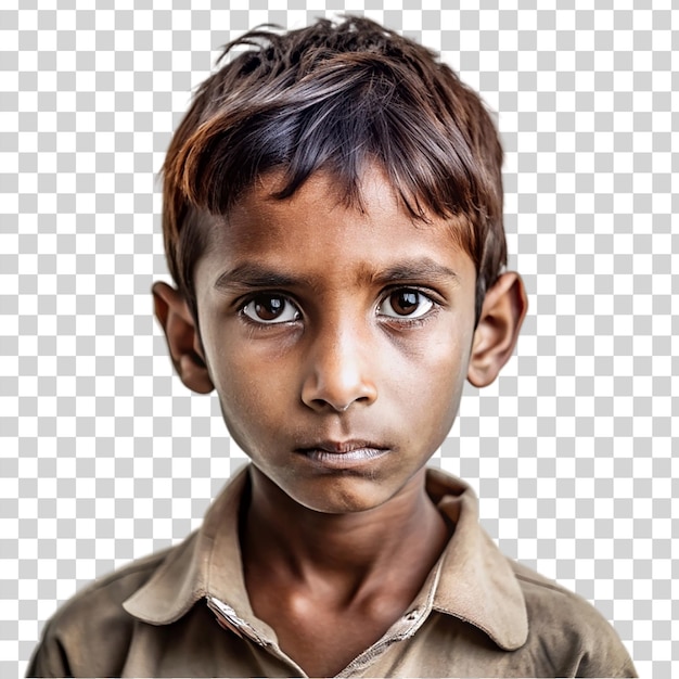 PSD portret biednego chłopca izolowany na przezroczystym tle
