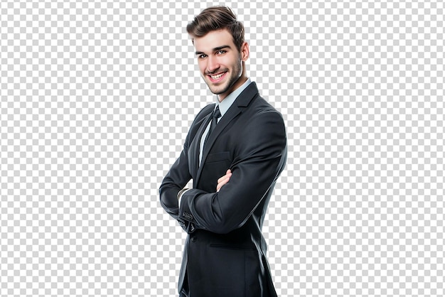Portret biznesmena z krzyżowaną ręką na białym izolowanym tle